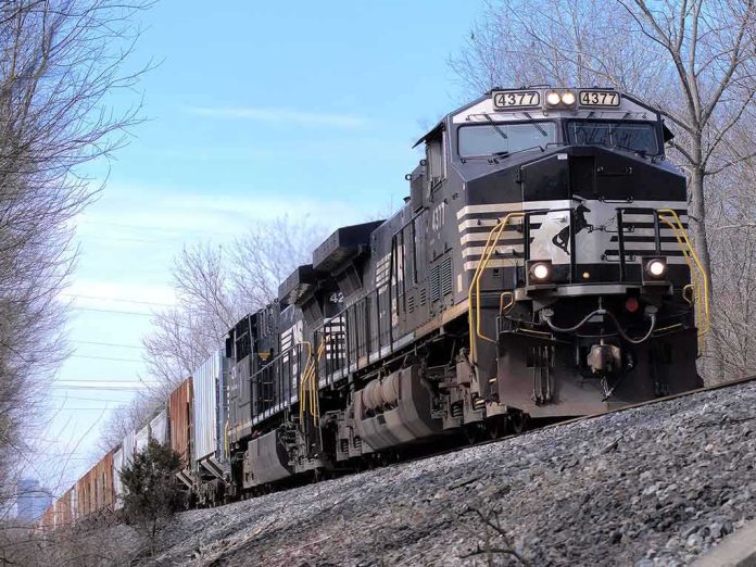 Freight train locomotive on a wooded track