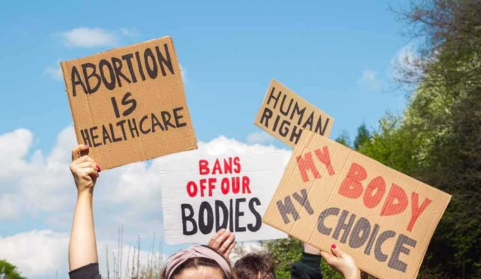 Protesters hold cardboard signs at a rally outdoors