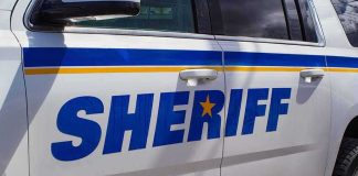 Sheriff patrol SUV door with blue lettering and yellow stripe