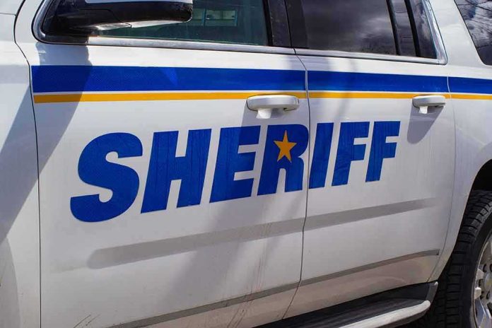 Sheriff patrol SUV door with blue lettering and yellow stripe