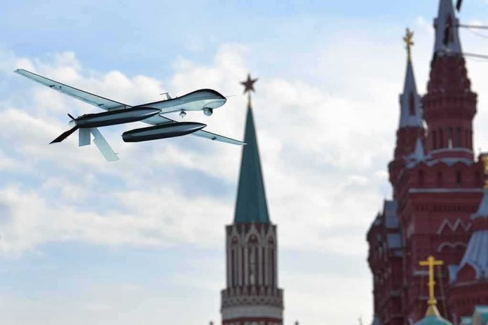 shutterstock_2297561489 military drone flying near ornate red-brick towers