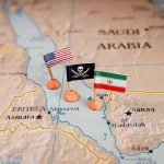 Map with US, pirate, and Iran flags near the Red Sea
