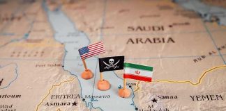 Map with US, pirate, and Iran flags near the Red Sea