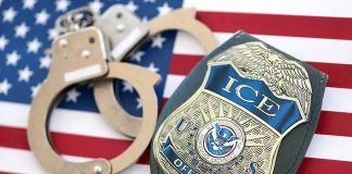 ICE Takedown Leaves U.S. Citizen Bloodied ICE officer badge and handcuffs on an American flag