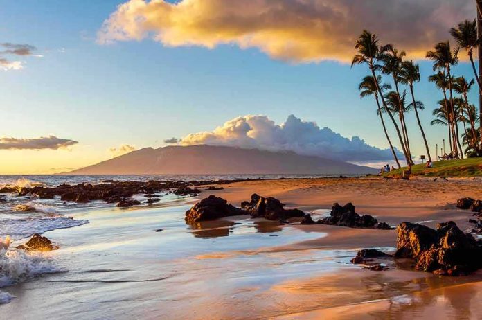 Tropical beach at sunset with palm trees and rocky shoreline