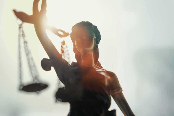 shutterstock_602151149 Lady Justice statue with scales silhouetted against bright light