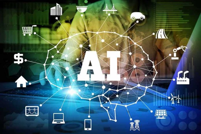 shutterstock_701349271 AI network diagram over a person using a laptop