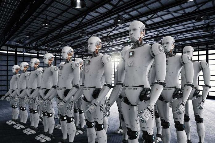 Rows of humanoid robots standing in a warehouse