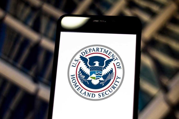 1389550511 U.S. Department of Homeland Security logo on smartphone.