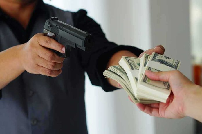 shutterstock_1068872558 person aiming handgun while another hands over bundles of cash