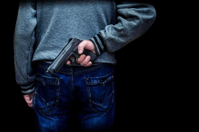 person holding a handgun behind their back