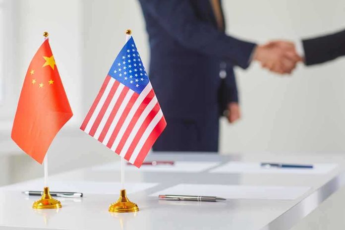 Chinese and American flags on a table with a handshake in the background