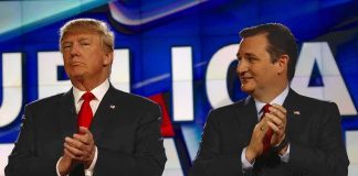 Donald Trump and Ted Cruz clapping on a debate stage