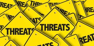 Yellow warning signs with the word threats overlapping