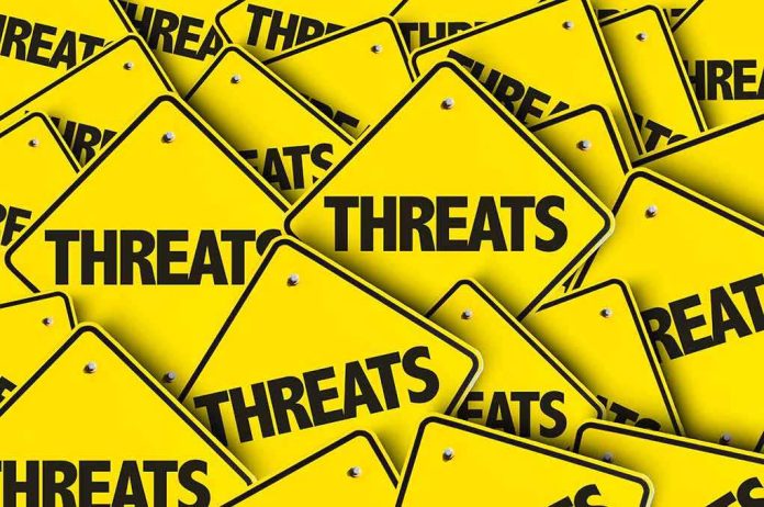 Yellow warning signs with the word threats overlapping