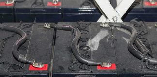 Battery bank with heavy gauge cables connected across terminals