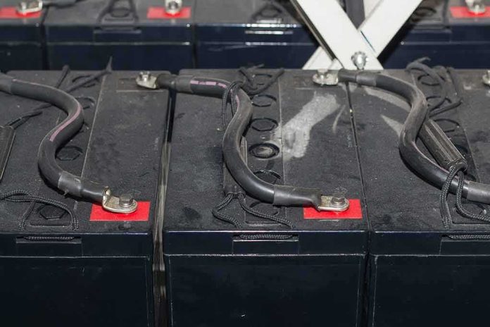 Battery bank with heavy gauge cables connected across terminals