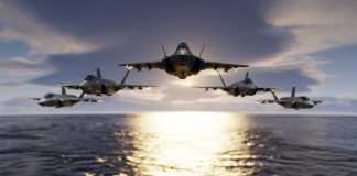 Five jets flying low over the ocean at sunset