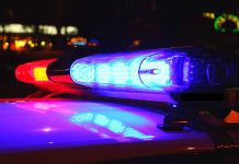 Red and blue police car lights at night