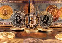 Bitcoin coins and bills displayed closely