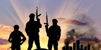 Three armed silhouettes near a smoky city skyline