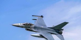 Jet fighter- flying through clear blue sky