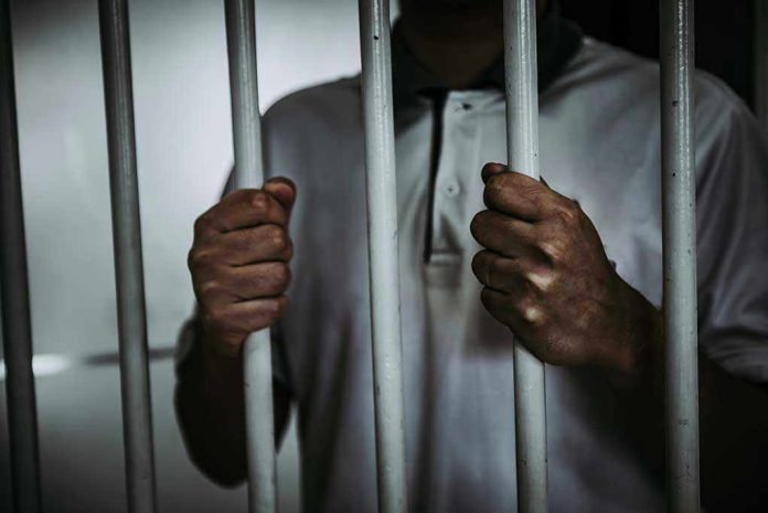 Person holding jail cell bars tightly
