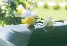 Yellow and white flowers on a green casket