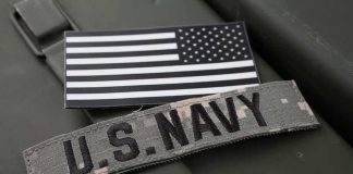 U S Navy patch with black and white American flag