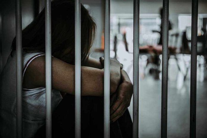 1151410031 Person sitting behind bars with arms wrapped around knees