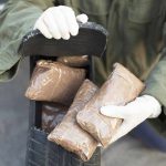 Person handling packages wearing gloves and green jacket.