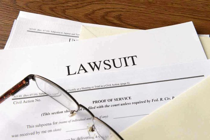 Documents labeled "Lawsuit" with glasses on top.