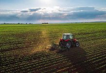 Tractor plowing a vast green field at sunset