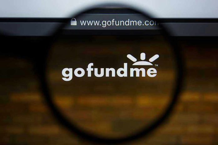 Magnifying glass over GoFundMe website logo