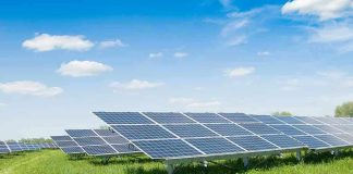 Solar panels in a grassy field under blue sky
