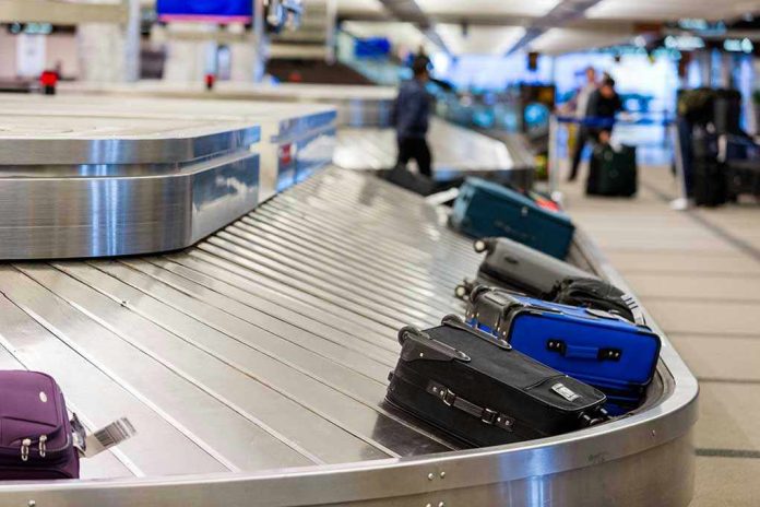 Luggage on airport baggage claim conveyor belt