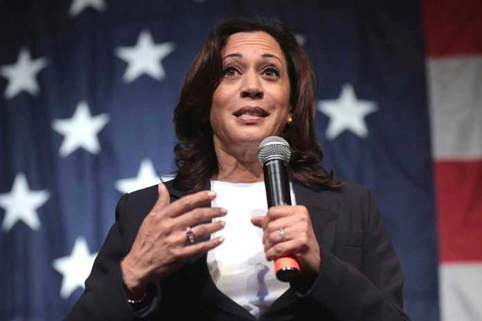 185042987 Woman speaking with microphone American flag background